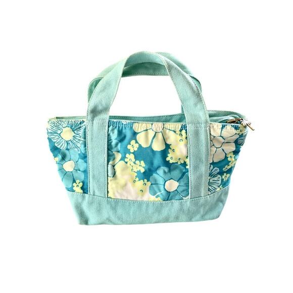 Adorable Vintage Lilly Pulitzer Mini Tote Blue Green Floral Fabric & Canvas - Picture 1 of 7
